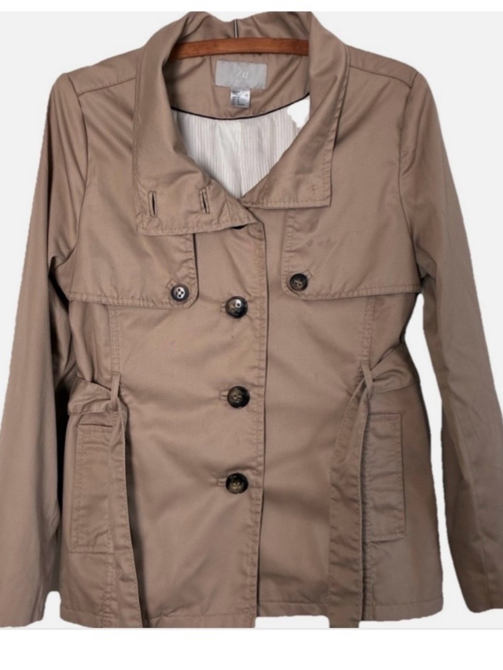 H&M Women’s Lined BEIGE Trench Coat Jacket With Collar, Belted Button Up SIZE 10